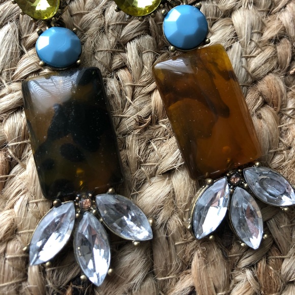 Brown & gold tone statement earrings w/blue accent - Picture 2 of 4